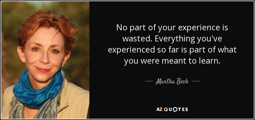 No part of your experience is wasted. Everything you've experienced so far is part of what you were meant to learn. - Martha Beck