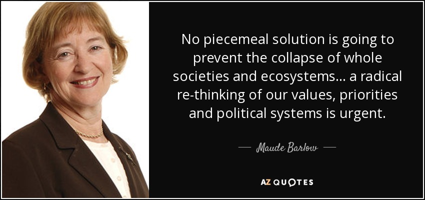 No piecemeal solution is going to prevent the collapse of whole societies and ecosystems ... a radical re-thinking of our values, priorities and political systems is urgent. - Maude Barlow
