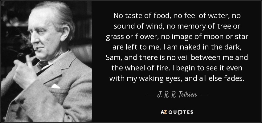 No taste of food, no feel of water, no sound of wind, no memory of tree or grass or flower, no image of moon or star are left to me. I am naked in the dark, Sam, and there is no veil between me and the wheel of fire. I begin to see it even with my waking eyes, and all else fades. - J. R. R. Tolkien