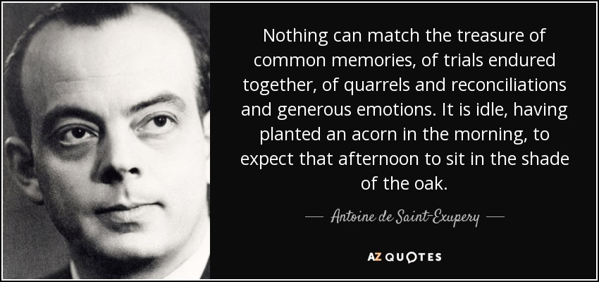 Nothing can match the treasure of common memories, of trials endured together, of quarrels and reconciliations and generous emotions. It is idle, having planted an acorn in the morning, to expect that afternoon to sit in the shade of the oak. - Antoine de Saint-Exupery