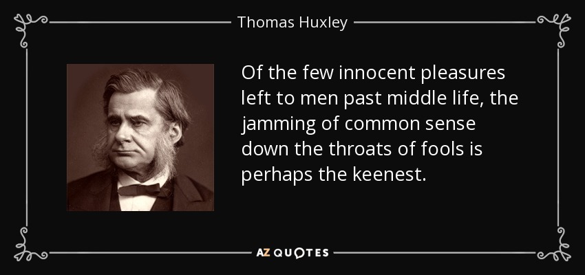 Of the few innocent pleasures left to men past middle life, the jamming of common sense down the throats of fools is perhaps the keenest. - Thomas Huxley
