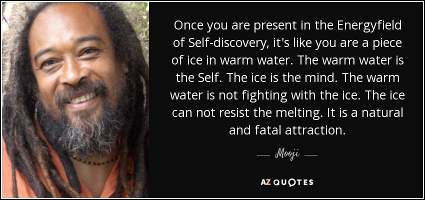 Once you are present in the Energyfield of Self-discovery, it's like you are a piece of ice in warm water. The warm water is the Self. The ice is the mind. The warm water is not fighting with the ice. The ice can not resist the melting. It is a natural and fatal attraction. - Mooji