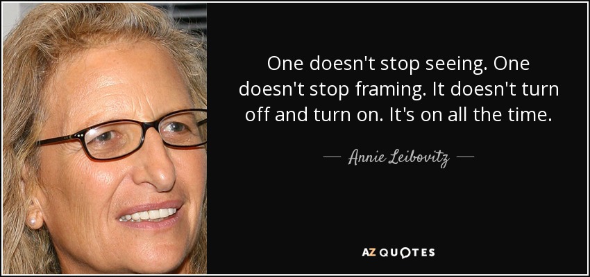 One doesn't stop seeing. One doesn't stop framing. It doesn't turn off and turn on. It's on all the time. - Annie Leibovitz