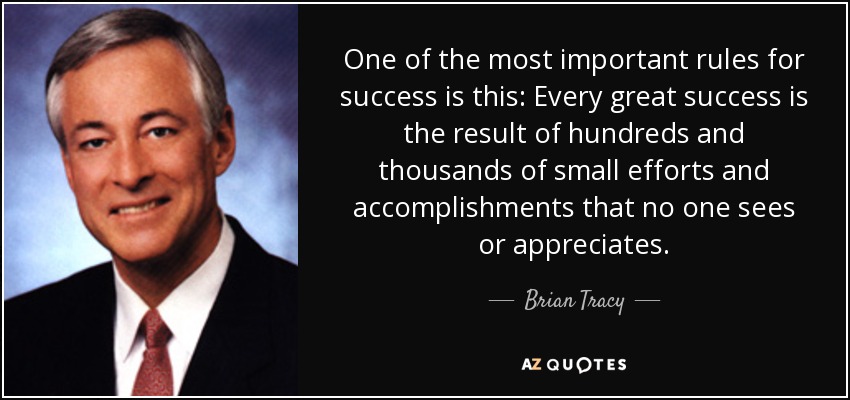 One of the most important rules for success is this: Every great success is the result of hundreds and thousands of small efforts and accomplishments that no one sees or appreciates. - Brian Tracy