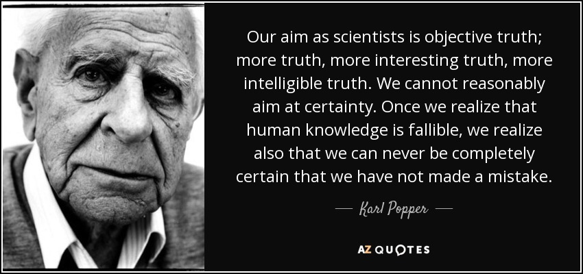 Our aim as scientists is objective truth; more truth, more interesting truth, more intelligible truth. We cannot reasonably aim at certainty. Once we realize that human knowledge is fallible, we realize also that we can never be completely certain that we have not made a mistake. - Karl Popper