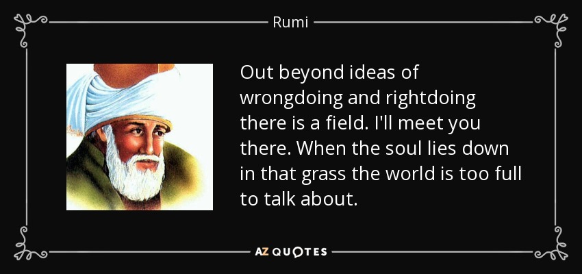 Out beyond ideas of wrongdoing and rightdoing there is a field. I'll meet you there. When the soul lies down in that grass the world is too full to talk about. - Rumi