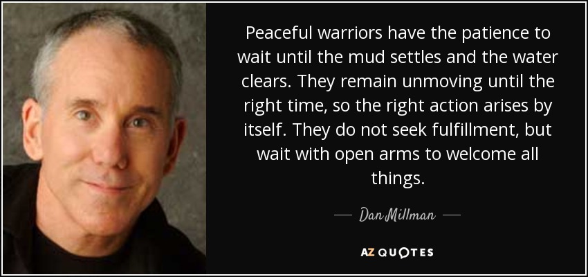 Peaceful warriors have the patience to wait until the mud settles and the water clears. They remain unmoving until the right time, so the right action arises by itself. They do not seek fulfillment, but wait with open arms to welcome all things. - Dan Millman