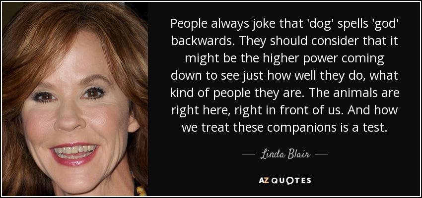 People always joke that 'dog' spells 'god' backwards. They should consider that it might be the higher power coming down to see just how well they do, what kind of people they are. The animals are right here, right in front of us. And how we treat these companions is a test. - Linda Blair