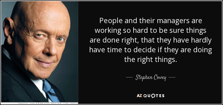 People and their managers are working so hard to be sure things are done right, that they have hardly have time to decide if they are doing the right things. - Stephen Covey