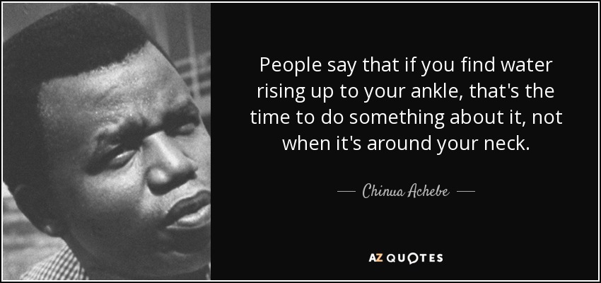 La gente dice que si el agua te sube hasta el tobillo, es el momento de hacer algo al respecto, no cuando te llega al cuello. - Chinua Achebe