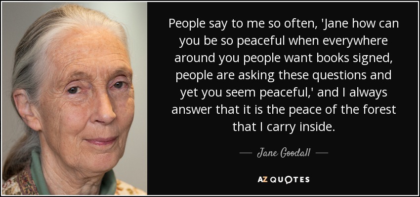 People say to me so often, 'Jane how can you be so peaceful when everywhere around you people want books signed, people are asking these questions and yet you seem peaceful,' and I always answer that it is the peace of the forest that I carry inside. - Jane Goodall