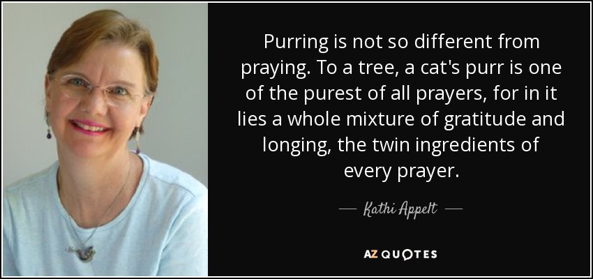 Purring is not so different from praying. To a tree, a cat's purr is one of the purest of all prayers, for in it lies a whole mixture of gratitude and longing, the twin ingredients of every prayer. - Kathi Appelt