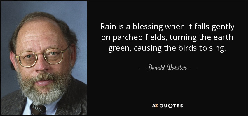 Rain is a blessing when it falls gently on parched fields, turning the earth green, causing the birds to sing. - Donald Worster