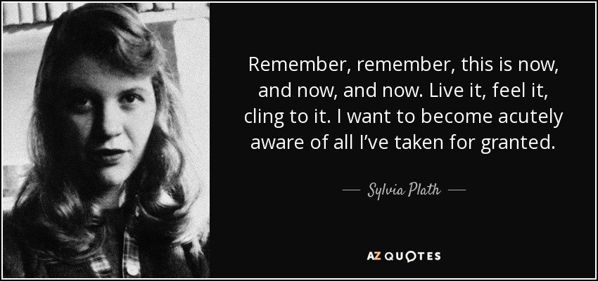 Remember, remember, this is now, and now, and now. Live it, feel it, cling to it. I want to become acutely aware of all I’ve taken for granted. - Sylvia Plath