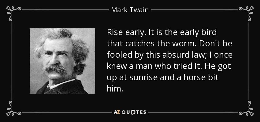 Rise early. It is the early bird that catches the worm. Don't be fooled by this absurd law; I once knew a man who tried it. He got up at sunrise and a horse bit him. - Mark Twain