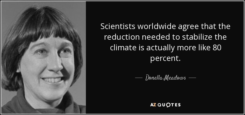 Scientists worldwide agree that the reduction needed to stabilize the climate is actually more like 80 percent. - Donella Meadows