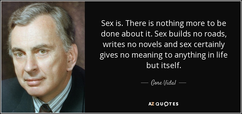 Sex is. There is nothing more to be done about it. Sex builds no roads, writes no novels and sex certainly gives no meaning to anything in life but itself. - Gore Vidal