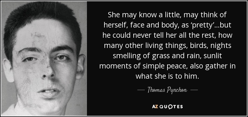 She may know a little, may think of herself, face and body, as ‘pretty’…but he could never tell her all the rest, how many other living things, birds, nights smelling of grass and rain, sunlit moments of simple peace, also gather in what she is to him. - Thomas Pynchon