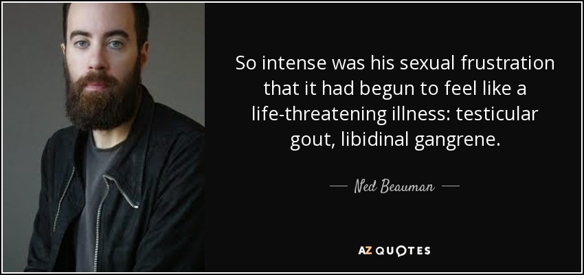 Tan intensa era su frustración sexual que había empezado a sentirse como una enfermedad potencialmente mortal: gota testicular, gangrena libidinal. - Ned Beauman
