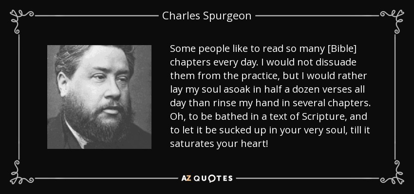Some people like to read so many [Bible] chapters every day. I would not dissuade them from the practice, but I would rather lay my soul asoak in half a dozen verses all day than rinse my hand in several chapters. Oh, to be bathed in a text of Scripture, and to let it be sucked up in your very soul, till it saturates your heart! - Charles Spurgeon