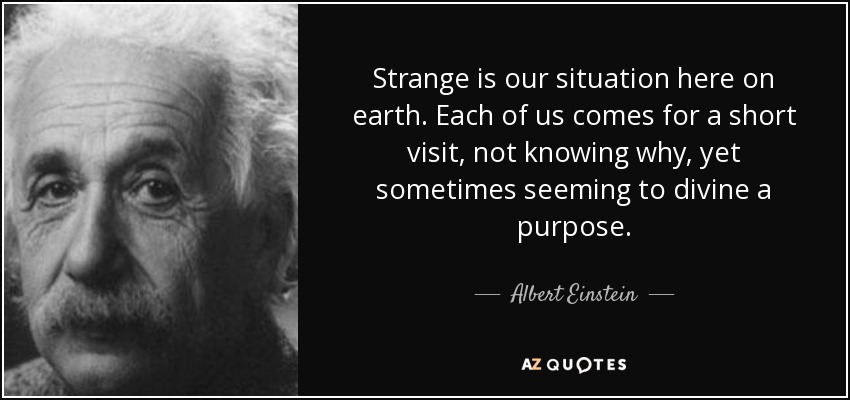 Strange is our situation here on earth. Each of us comes for a short visit, not knowing why, yet sometimes seeming to divine a purpose. - Albert Einstein
