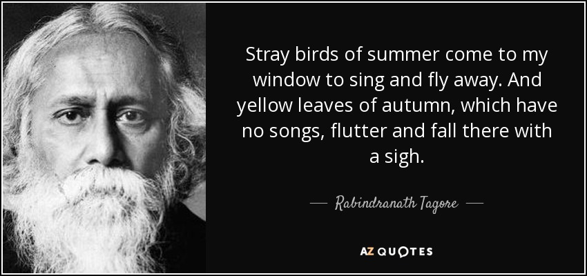 Stray birds of summer come to my window to sing and fly away. And yellow leaves of autumn, which have no songs, flutter and fall there with a sigh. - Rabindranath Tagore