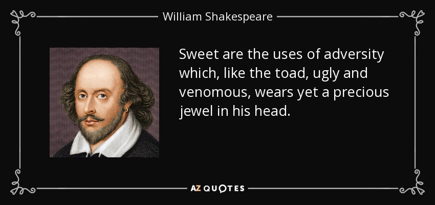 Dulces son los usos de la adversidad que, como el sapo, feo y venenoso, lleva sin embargo una joya preciosa en la cabeza. - William Shakespeare