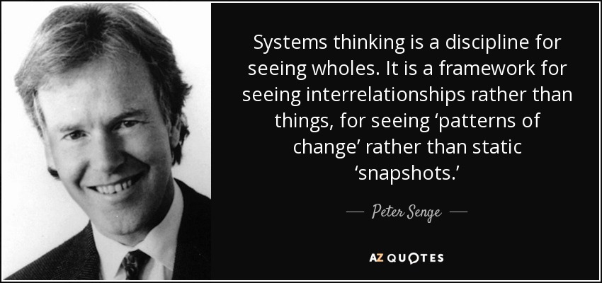 Systems thinking is a discipline for seeing wholes. It is a framework for seeing interrelationships rather than things, for seeing ‘patterns of change’ rather than static ‘snapshots.’ - Peter Senge
