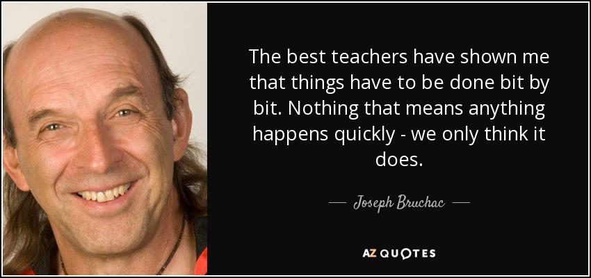 The best teachers have shown me that things have to be done bit by bit. Nothing that means anything happens quickly - we only think it does. - Joseph Bruchac