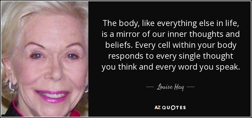 El cuerpo, como todo lo demás en la vida, es un espejo de nuestros pensamientos y creencias interiores. Cada célula de tu cuerpo responde a cada pensamiento que piensas y a cada palabra que pronuncias. - Louise Hay
