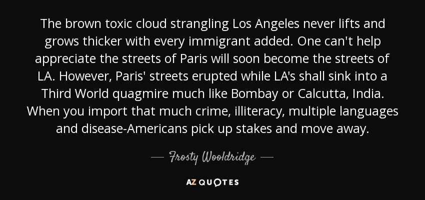 The brown toxic cloud strangling Los Angeles never lifts and grows thicker with every immigrant added. One can't help appreciate the streets of Paris will soon become the streets of LA. However, Paris' streets erupted while LA's shall sink into a Third World quagmire much like Bombay or Calcutta, India. When you import that much crime, illiteracy, multiple languages and disease-Americans pick up stakes and move away. - Frosty Wooldridge