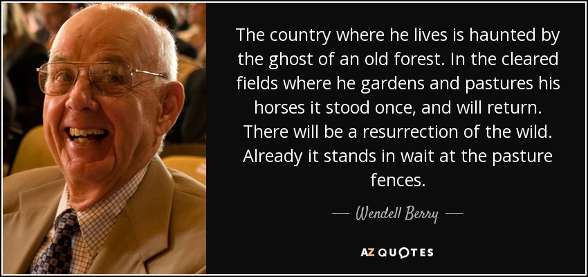 The country where he lives is haunted by the ghost of an old forest. In the cleared fields where he gardens and pastures his horses it stood once, and will return. There will be a resurrection of the wild. Already it stands in wait at the pasture fences. - Wendell Berry