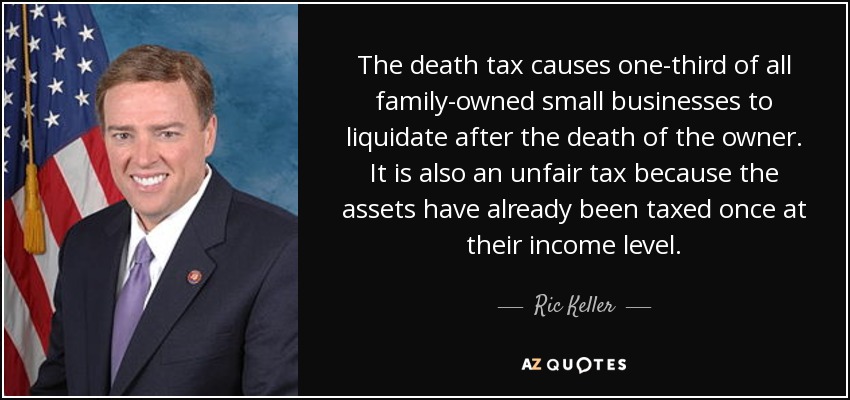 The death tax causes one-third of all family-owned small businesses to liquidate after the death of the owner. It is also an unfair tax because the assets have already been taxed once at their income level. - Ric Keller
