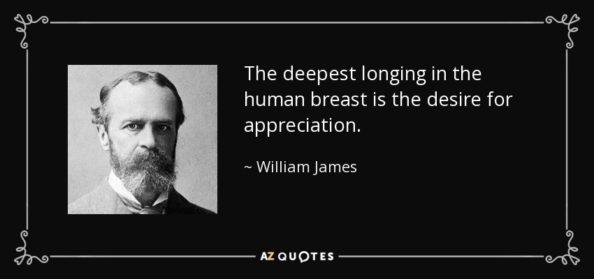 The deepest longing in the human breast is the desire for appreciation. - William James
