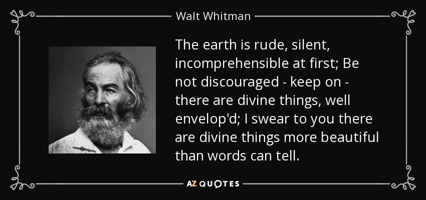The earth is rude, silent, incomprehensible at first; Be not discouraged - keep on - there are divine things, well envelop'd; I swear to you there are divine things more beautiful than words can tell. - Walt Whitman