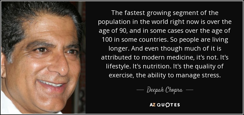 The fastest growing segment of the population in the world right now is over the age of 90, and in some cases over the age of 100 in some countries. So people are living longer. And even though much of it is attributed to modern medicine, it's not. It's lifestyle. It's nutrition. It's the quality of exercise, the ability to manage stress. - Deepak Chopra
