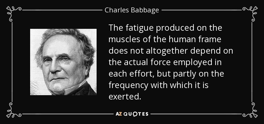 The fatigue produced on the muscles of the human frame does not altogether depend on the actual force employed in each effort, but partly on the frequency with which it is exerted. - Charles Babbage