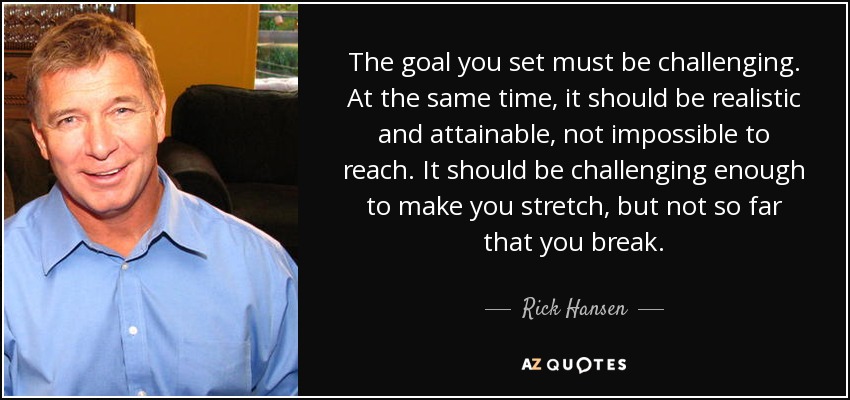 The goal you set must be challenging. At the same time, it should be realistic and attainable, not impossible to reach. It should be challenging enough to make you stretch, but not so far that you break. - Rick Hansen