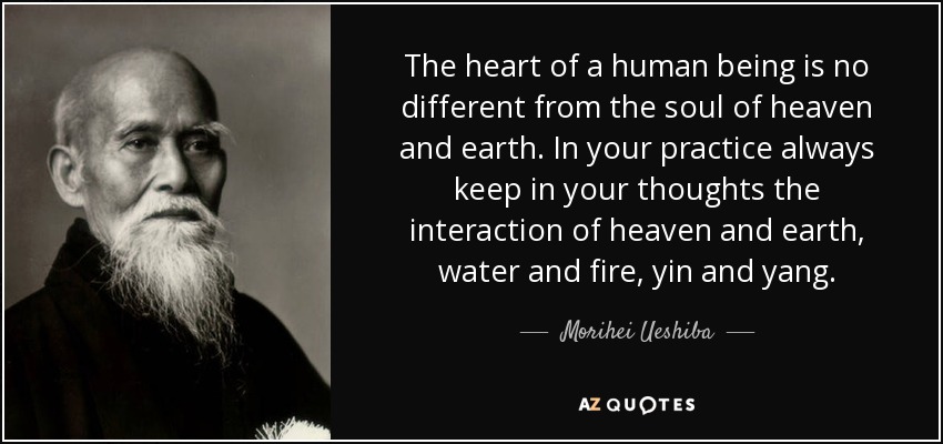 The heart of a human being is no different from the soul of heaven and earth. In your practice always keep in your thoughts the interaction of heaven and earth, water and fire, yin and yang. - Morihei Ueshiba