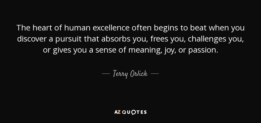 The heart of human excellence often begins to beat when you discover a pursuit that absorbs you, frees you, challenges you, or gives you a sense of meaning, joy, or passion. - Terry Orlick