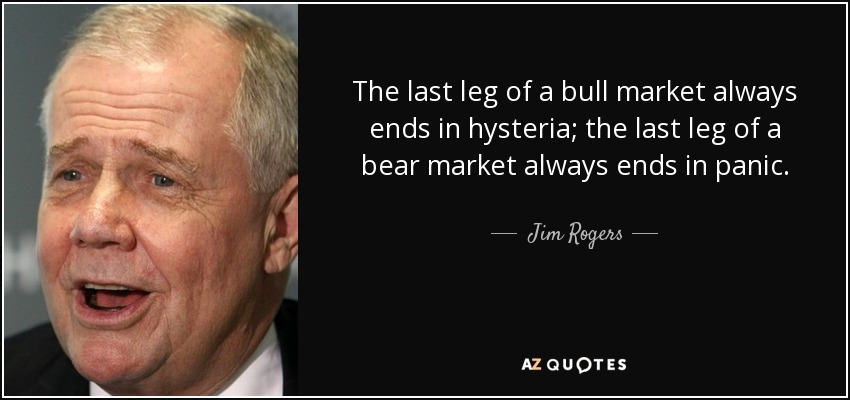 The last leg of a bull market always ends in hysteria; the last leg of a bear market always ends in panic. - Jim Rogers
