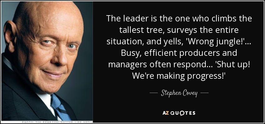 The leader is the one who climbs the tallest tree, surveys the entire situation, and yells, 'Wrong jungle!' ... Busy, efficient producers and managers often respond ... 'Shut up! We're making progress!' - Stephen Covey