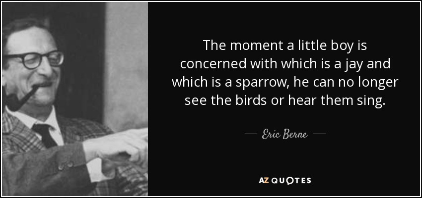 The moment a little boy is concerned with which is a jay and which is a sparrow, he can no longer see the birds or hear them sing. - Eric Berne