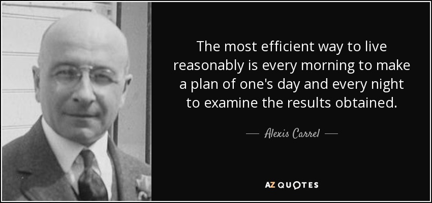 The most efficient way to live reasonably is every morning to make a plan of one's day and every night to examine the results obtained. - Alexis Carrel