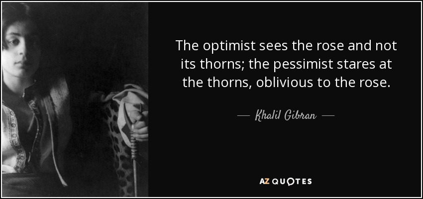The optimist sees the rose and not its thorns; the pessimist stares at the thorns, oblivious to the rose. - Khalil Gibran