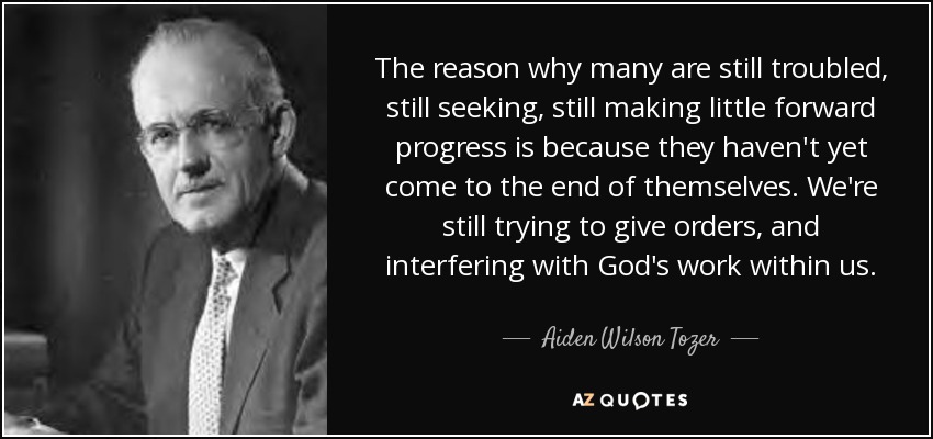 The reason why many are still troubled, still seeking, still making little forward progress is because they haven't yet come to the end of themselves. We're still trying to give orders, and interfering with God's work within us. - Aiden Wilson Tozer