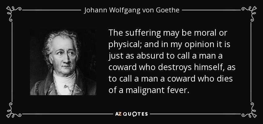 The suffering may be moral or physical; and in my opinion it is just as absurd to call a man a coward who destroys himself, as to call a man a coward who dies of a malignant fever. - Johann Wolfgang von Goethe