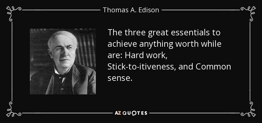 Los tres grandes elementos esenciales para conseguir cualquier cosa que merezca la pena son: Trabajo duro, perseverancia y sentido común. - Thomas A. Edison