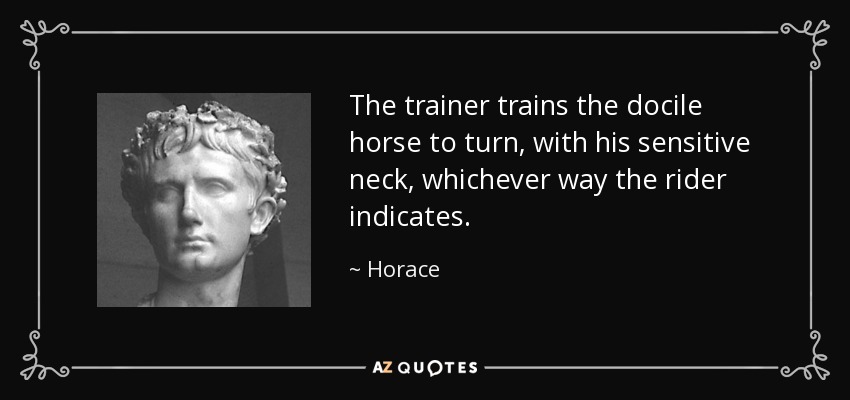 The trainer trains the docile horse to turn, with his sensitive neck, whichever way the rider indicates. - Horace