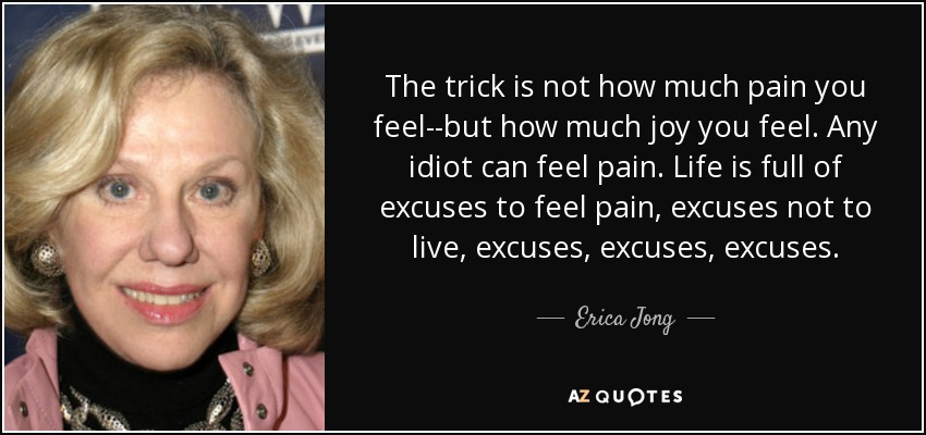 The trick is not how much pain you feel--but how much joy you feel. Any idiot can feel pain. Life is full of excuses to feel pain, excuses not to live, excuses, excuses, excuses. - Erica Jong